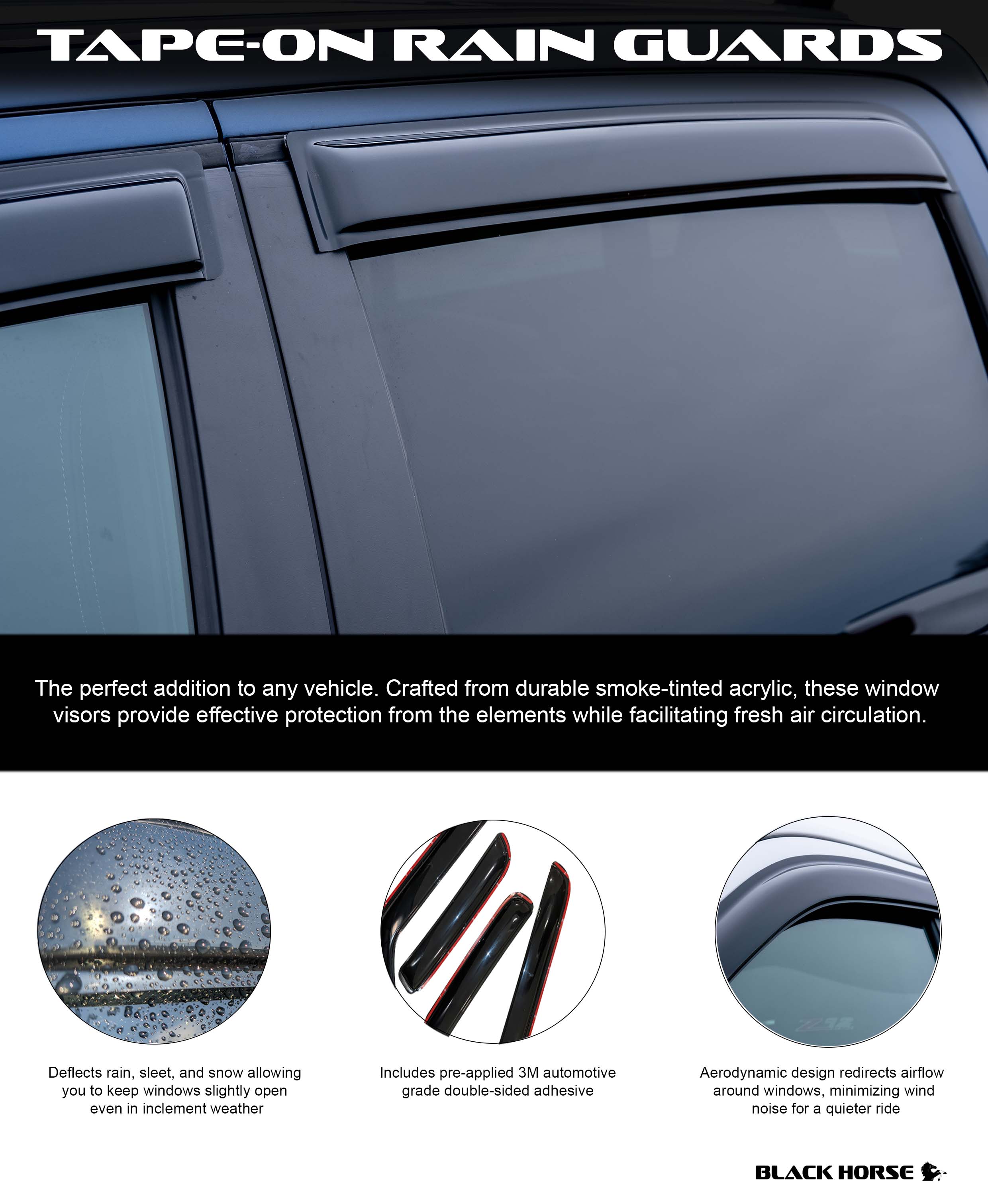 Black Horse Off Road|Tape On Rain Guards|Fit 2008-2021 Land Cruiser|Smoke|141101